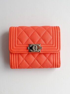 Authentic Preowned Chanel Orange Caviar Leather Boy Bi-Fold Wallet